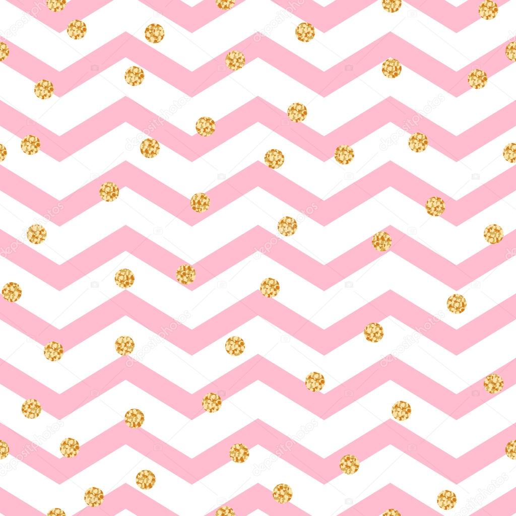 Chevron zigzag pink and white seamless pattern with golden shimmer polka dots.