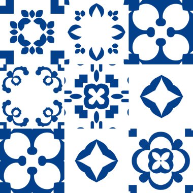 Mavi ve beyaz seramik. Patchwork stili.