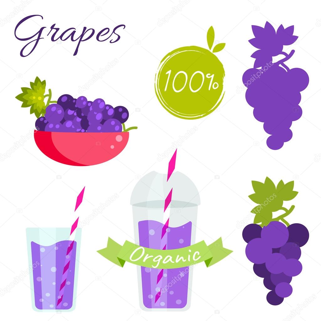 Grapes fruit and juice cup to go vector set. Grapes fruit with leaf in bowl. Grapes logo. Grapes juice or jam branding set. Grapes sillhouette for package. Organic Grapes.