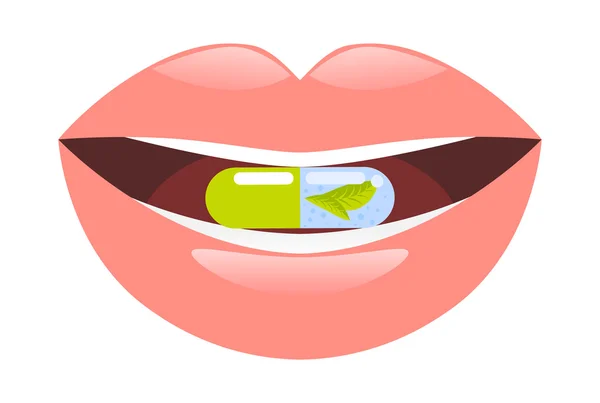 Medicine pill intake. Capsule in mouth vector illustration. — Stock Vector