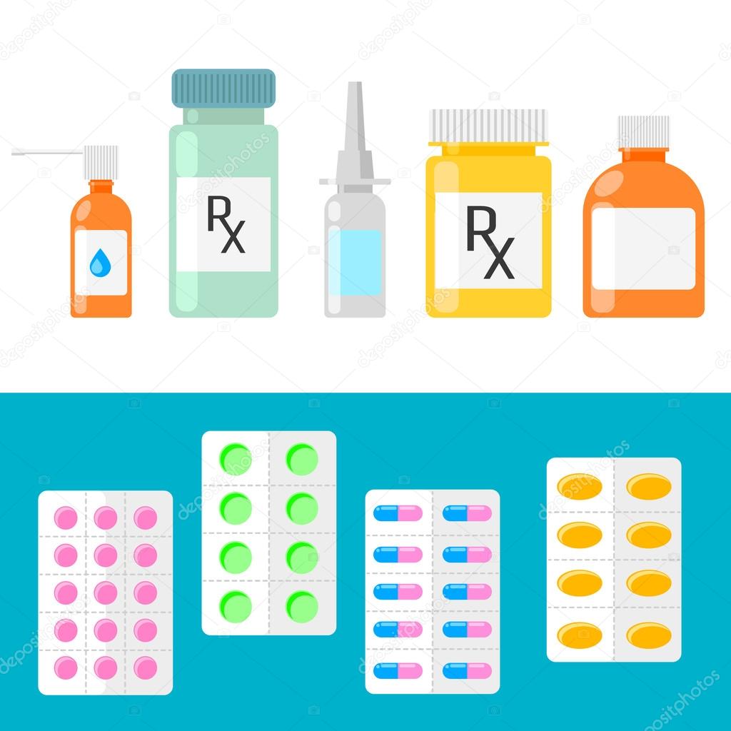 Pharmaceutical products. Pills, capsules and bottles.