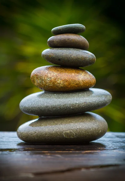 Pilha de seixos molhados lisos redondos equilibrados na frente de uma iúca — Fotografia de Stock