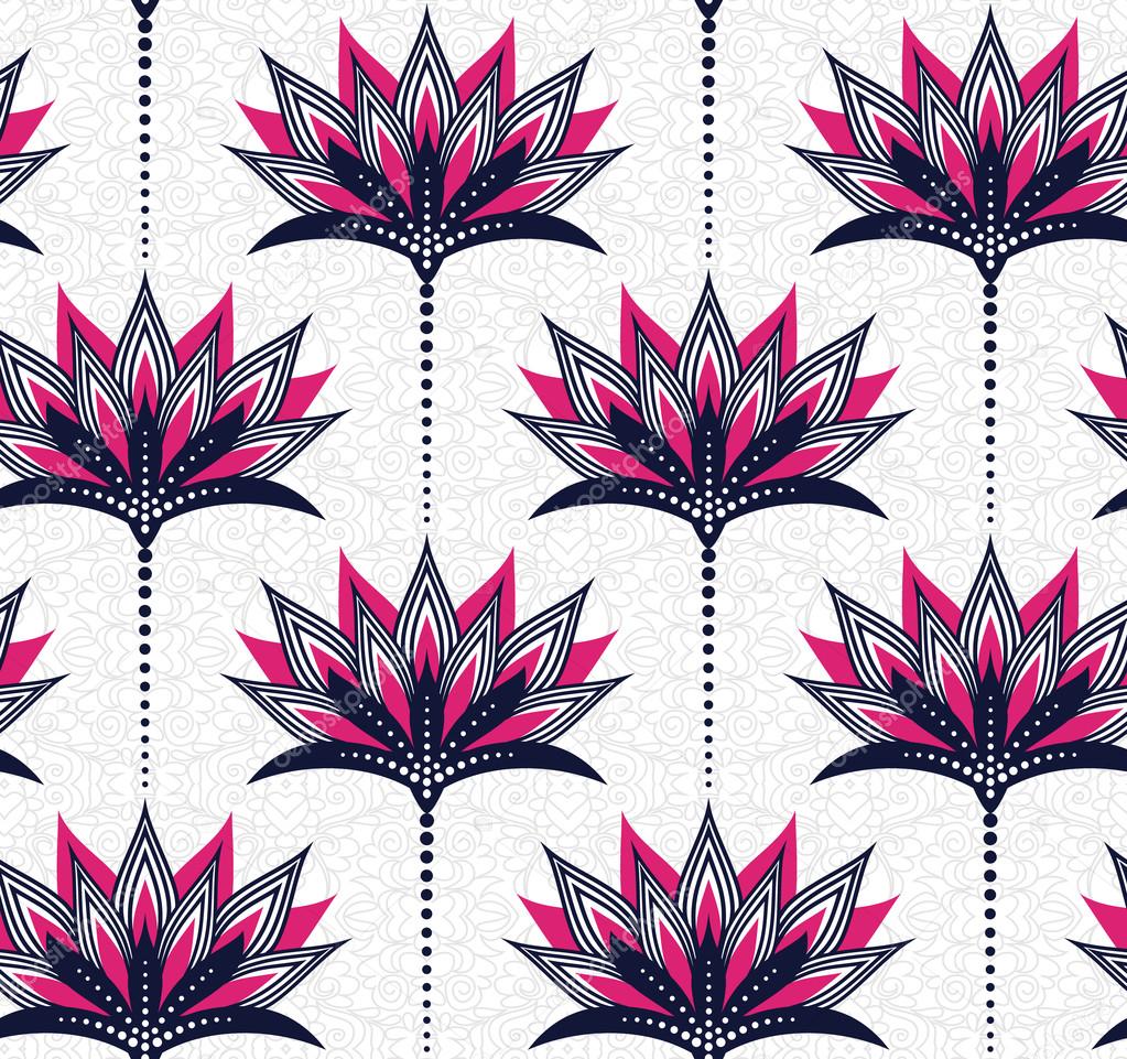Seamless floral vector pattern in fuchsia and navy symbolizing brightness and simplicity on slightly tangled grey background. Easy-to-edit, without gradient.