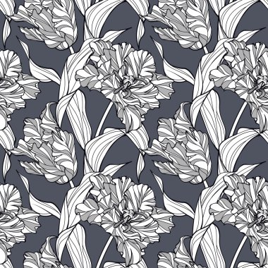 Stilize laleler ile soyut çiçek desenli. Bastırılmış, zarif grimsi renklerde grafik sorunsuz arka plan. Düzenlemek basit.