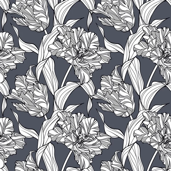 Abstraktes Blumenmuster mit stilisierten Tulpen. Grafik nahtlosen Hintergrund in gedämpften, eleganten grauen Farben. einfach zu bearbeiten. — Stockvektor