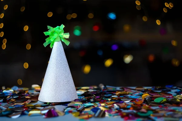 Vibrant Background Full Lights Confetti Silver Party Hat — Stock Photo, Image