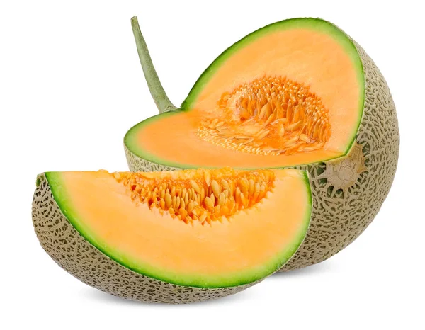 Hälften Skära Och Skiva Melon Isolerad Vit Bakgrund Melonklippningsbana — Stockfoto