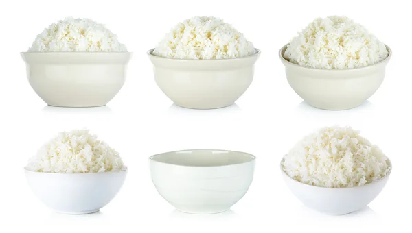 Zbiory ryżu z miska na białym tle na białym tle — Zdjęcie stockowe