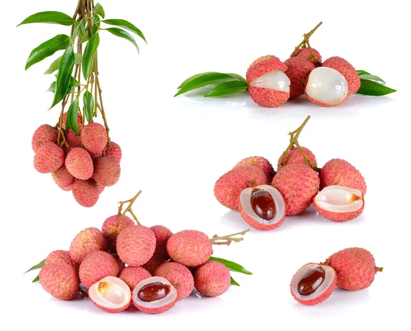 Samling Lychee eller Litchi isolerat på den vita bakgrunden — Stockfoto