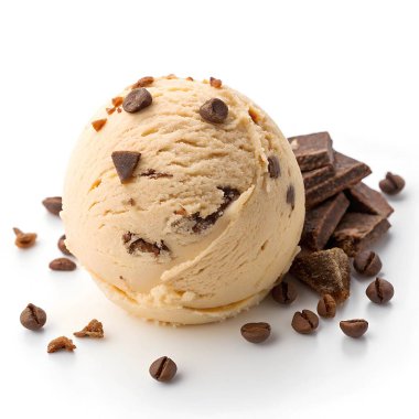 Çikolata parçalı tek kepçe kahve dondurması yanında da siyah çikolata parçaları ve beyaz arka planda kahve çekirdekleri.