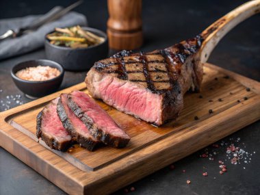 Lezzetli bir orta pişmiş balta bifteği ahşap bir tahtada tuz ve biberle sunulmak üzere dilimlenmiş.