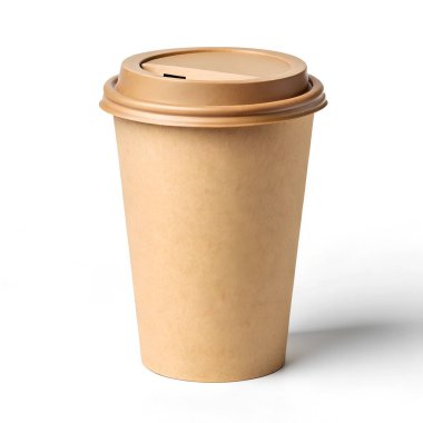 Tek kullanımlık kahverengi kahve fincanı temiz beyaz arka planda izole bir şekilde sunuluyor.