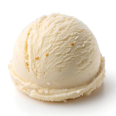 Tek bir kepçe vanilyalı dondurma ve temiz beyaz arka planda görünen vanilyalı fasulye taneleri.