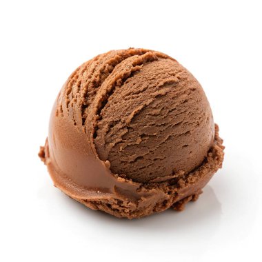 Bir kepçe çikolatalı dondurmanın saf beyaz arka planda detaylı bir görüntüsü.