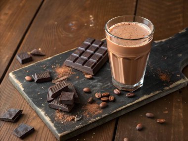 Koyu çikolata parçalarıyla çevrili bardaktaki zengin çikolatalı süt kahve çekirdekleri ve dağınık kakao tozu kırsal ahşap bir yüzeye saçılmış.