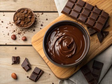 Yakından bakınca, koyu çikolatalı bir çikolata tabakası bir kase erimiş çikolata parçacıkları ve ahşap bir yüzeye yerleştirilmiş fındıklar.