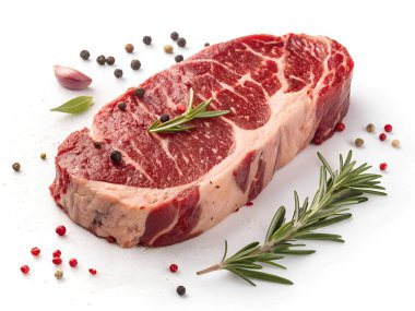 Biber soslu ve taze biberiyeyle süslenmiş, beyaz arka planda sunulmuş çiğ, mermer bir biftek.