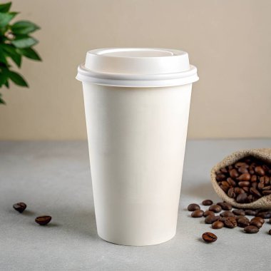 Kapaklı beyaz bir kağıt kahve fincanı dağınık kahve çekirdekleri ve gri bir yüzey üzerinde içi daha fazla fasulye dolu bir çuval ile yan yana oturur.