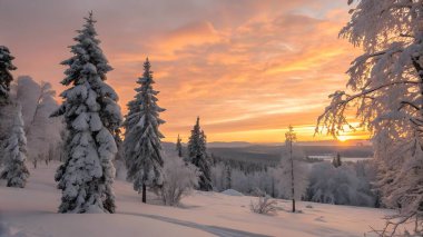 Nefes kesen bir kış günbatımı, karla kaplı bir arazide siluetli çam ağaçlarıyla çarpıcı bir ön plan oluşturan canlı renkler bırakır.