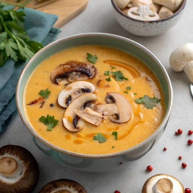 Dilimlenmiş mantarlar ve taze maydanoz içeriği ve baharatlarla süslenmiş kremalı mantar çorbasının yakından görüntüsü kasenin etrafına saçıldı.