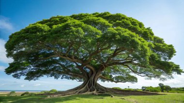 Geniş kökleri olan görkemli antik bir ağaç açık mavi gökyüzünün altındaki yeşil bir alana hükmediyor.