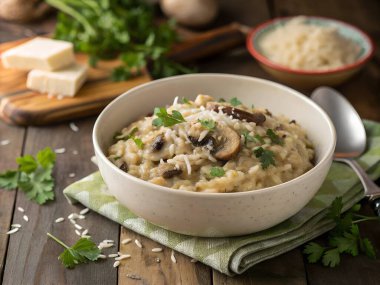 Mantar ve peynir gibi maydanoz ve peynirle kaplı lezzetli bir kase kremalı mantarlı risotto ahşap bir masada görünür.