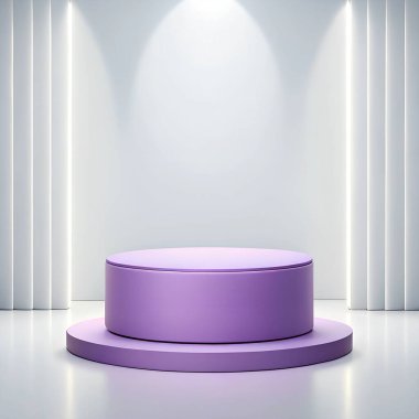 Yumuşak dikey ışıklandırmayla vurgulanmış mor dairesel bir sahnenin ürün gösterisi veya sunumu için mükemmel olduğu temiz bir minimalist stüdyo.