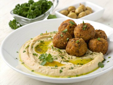 Bir tabak altın falafel köftesi, zeytinyağı serpilmiş ve taze maydanoz ve otlarla süslenmiş kremalı humusun üzerinde duruyor.