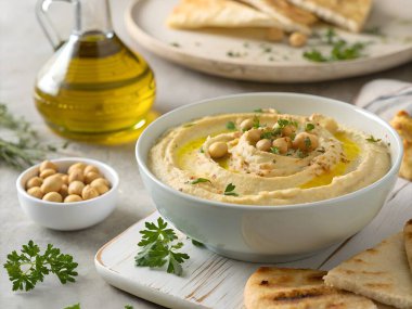 Pita ekmeği ve bir şişe zeytinyağının yanında nohut ve maydanozla süslenmiş bir kase kremalı humus.