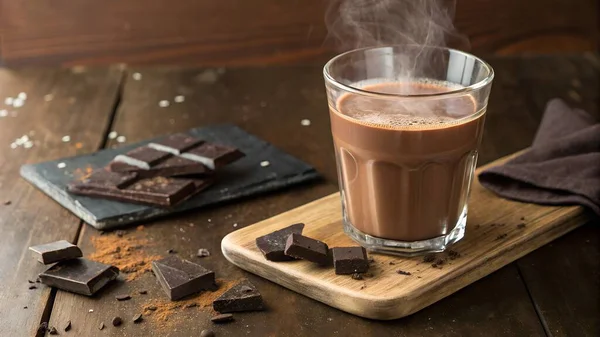 Dumanı tüten bir bardak sıcak çikolata, siyah çikolata parçalarının ve kırsal ahşap bir yüzeyde kakao tozunun yanında oturur.