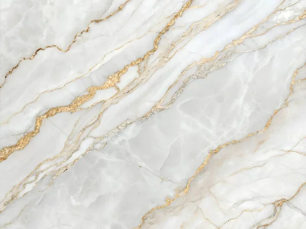 Beyaz mermer sergilenen karmaşık altın ve gümüş damarlar lüks ve dokulu bir yüzey oluşturuyor.