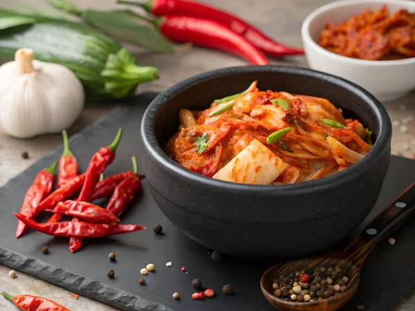 Koyu bir levhada kırmızı biber, sarımsak ve biber gibi nefis bir kimchi düzenlemesi popüler bir Kore mayalanmış yemeğinin içeriğini gözler önüne seriyor.