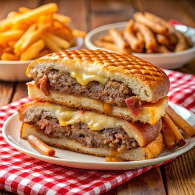 İçten ızgara panini, erimiş peynirle sızıyor ve kırsal bir ahşap masada kızarmış patates kızartmasının yanında servis ediliyor.