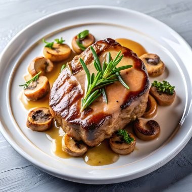 Biberiyeyle süslenmiş lezzetli bir biftek ve beyaz bir tabakta dilimlenmiş mantarla servis edilmiş görsel olarak çekici bir şekilde sunulmuş.