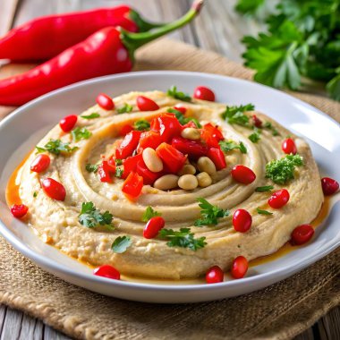 Kırmızı biberli, taze maydanoz ve kırmızı böğürtlenli kremalı humusun yakın çekim görüntüsü.