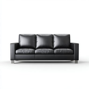 Modern siyah deri bir kanepenin temiz ve izole edilmiş görüntüsü. Beyaz arka planda parlak gümüş bacaklı.