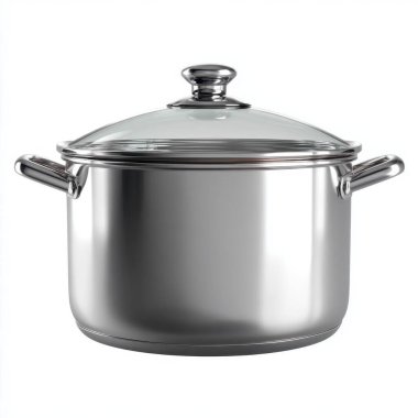 Temiz bir cam kapağı ve temiz beyaz arka planda izole edilmiş iki sapı olan parlak, paslanmaz çelik bir saksı.