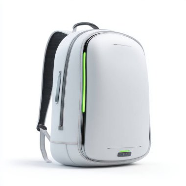 Parlak yeşil LED şeritli parlak bir tasarımı olan beyaz fütüristik bir sırt çantası ve temiz beyaz arka planda gösterilen ince elektronik göstergeler.