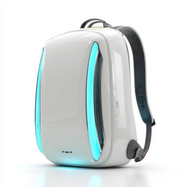 Çarpıcı mavi parlak aksanlı ve koyu gri kayışlı beyaz bir sırt çantası modern ve gelecekçi bir estetik sergiliyor.