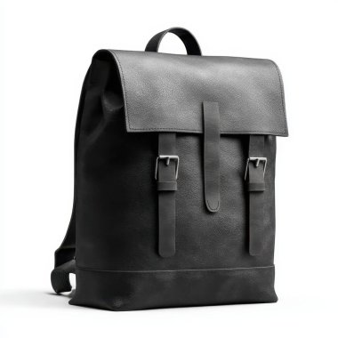 Ayrıntılı, siyah deri bir sırt çantası klasik toka kapakları ve ayarlanabilir kayışlar temiz beyaz bir arkaplanda izole edilmiş.