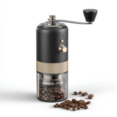 Parlak bir manuel kahve öğütücüsü, şeffaf fasulye deposu ve demlenme işlevini gösteren dağınık kahve çekirdekleri ile beyaz bir yüzeye oturur.