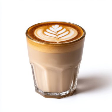 Beyaz arka planda karışık latte sanatı olan bir kahve içeceği çekimini kapat.