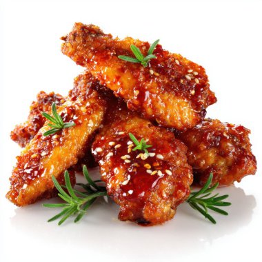 Susam tohumları ve beyaz arka planda sunulan taze biberiyeyle kaplı çıtır çıtır tavuk kanatları yakın çekim.