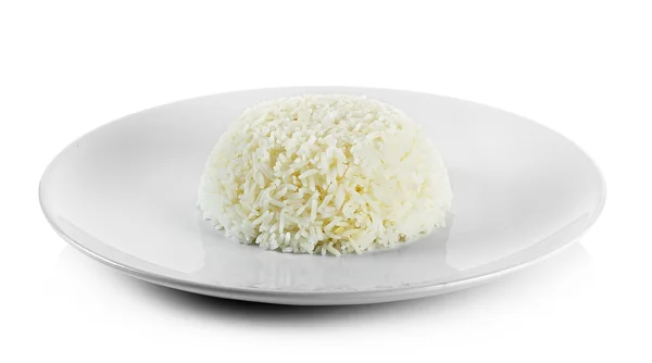 Riz cuit avec assiette isolée sur fond blanc — Photo