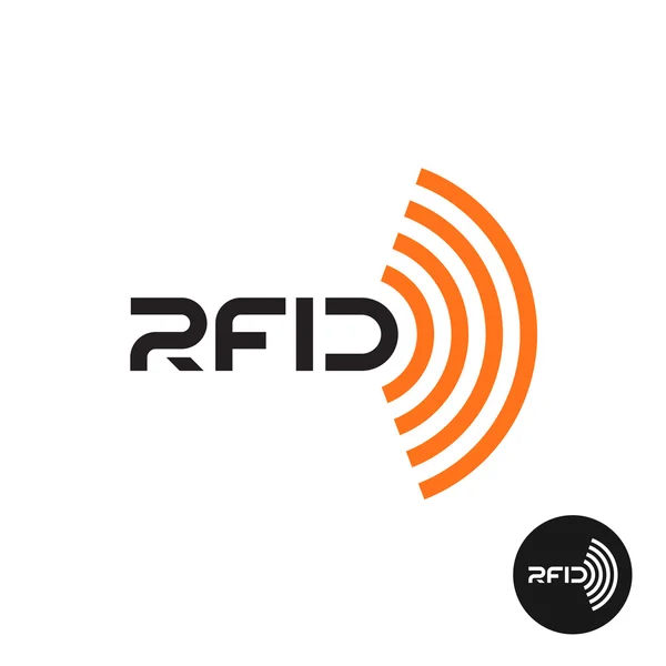 RFID tag icon. Text logo with radio wireless waves. — Stock Vector