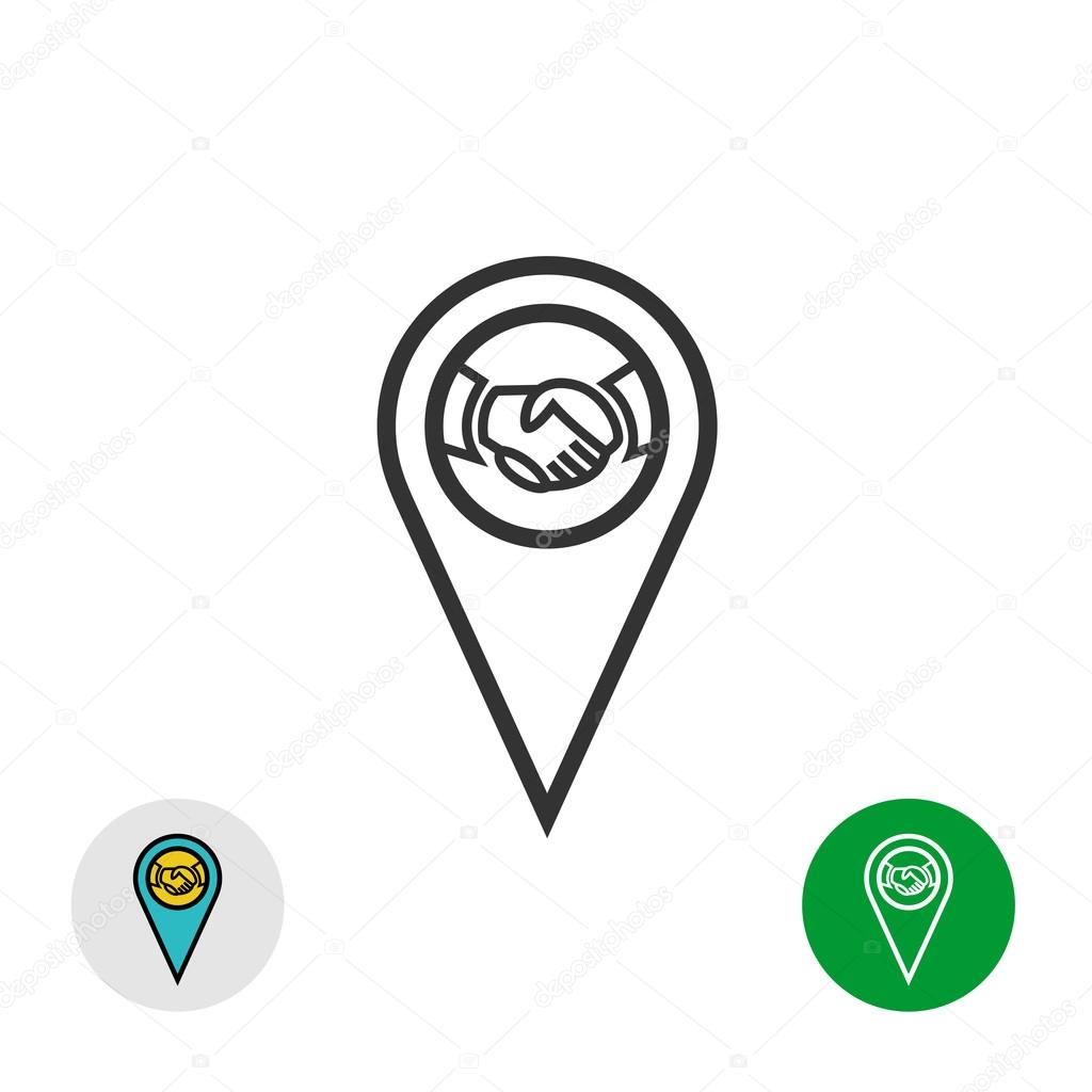 Meeting point logo. Handshake icon inside a geo map gps pin mark symbol.