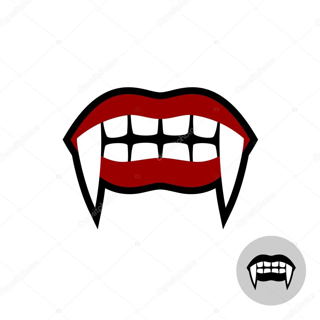 Vampire dracula teeth illustration. Red lips mouth with white lo Stock