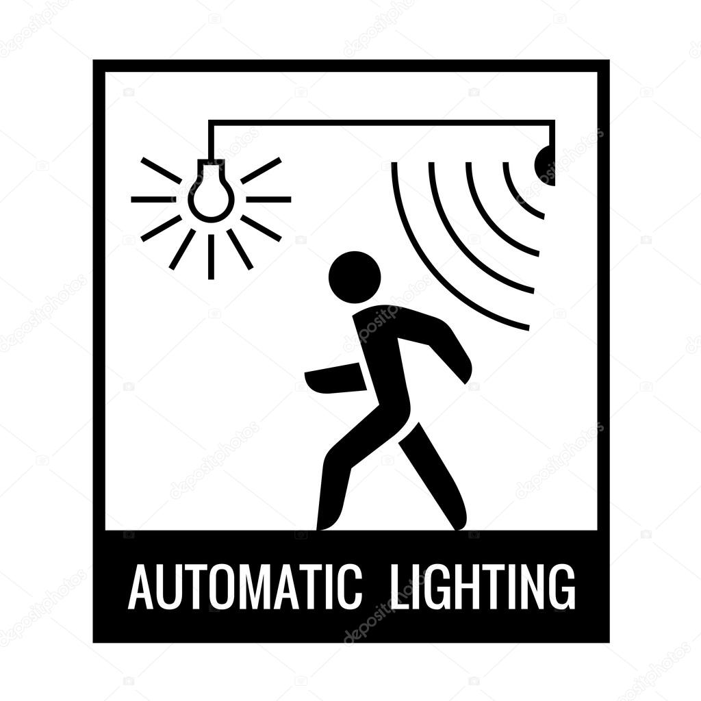 Black and white walking man with motion sensor and light bulb on.