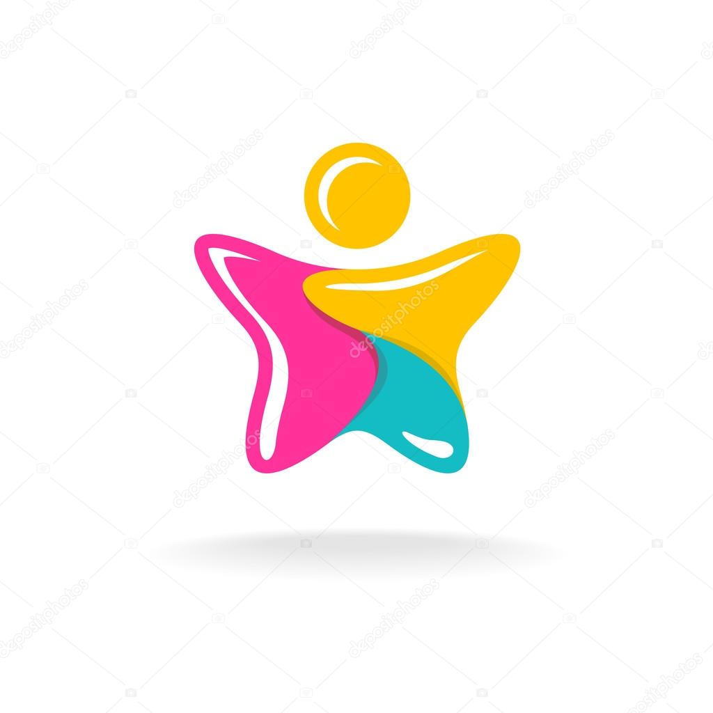 Man in a star shape colorful logo. Color parts with white flash lines. Jelly style sign.