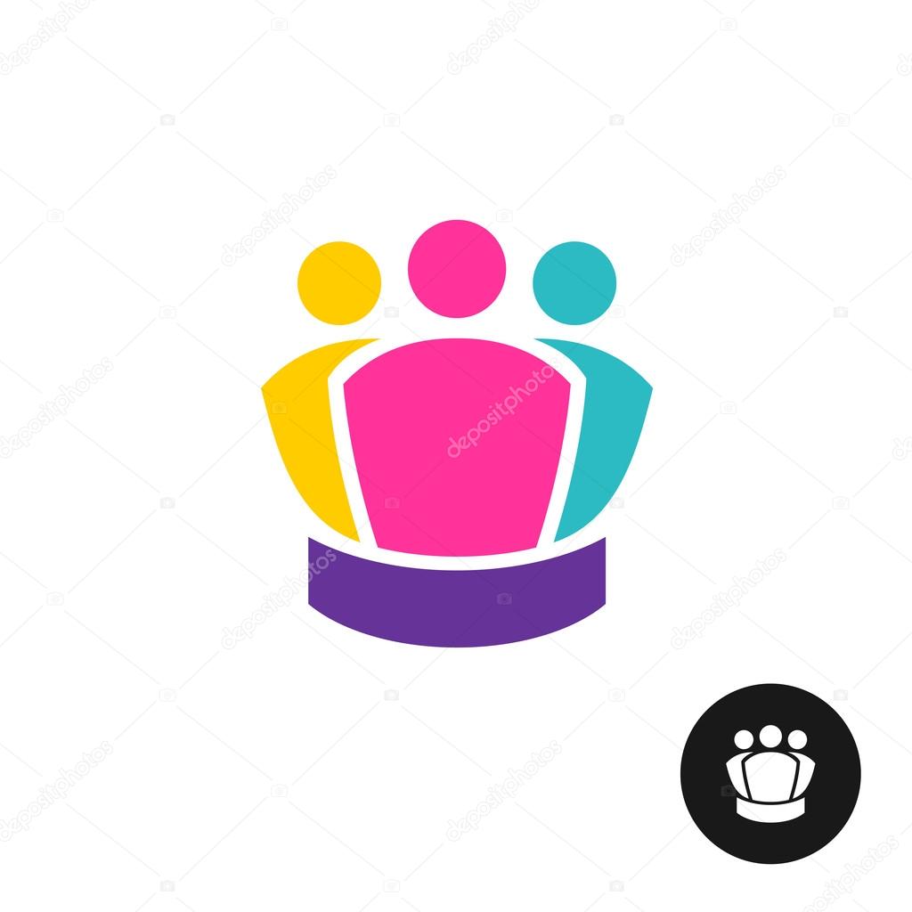 Three people together logo. Team colorful symbol. King crown shape silhouette idea.